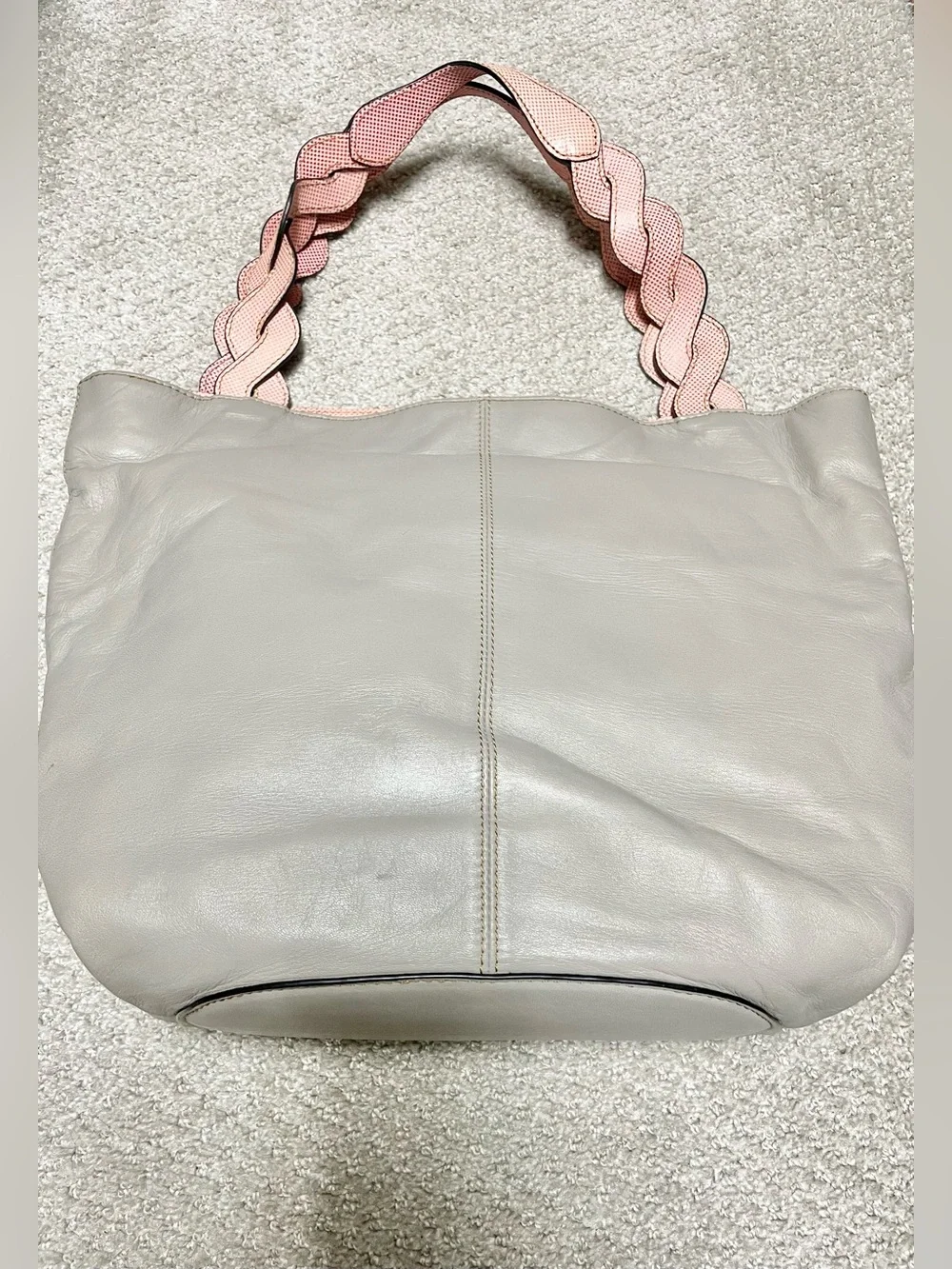 Elegant Gray Extremely Soft Leather Tote with Red Braided Strap